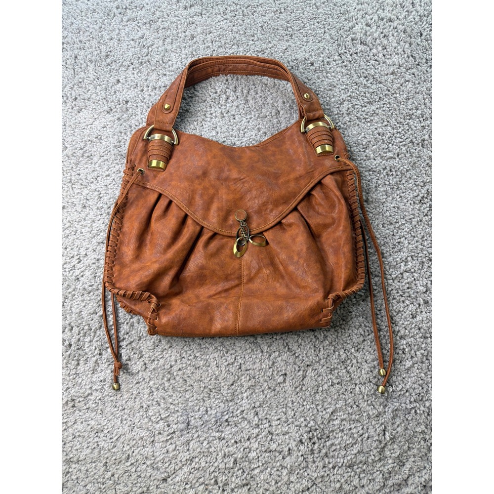 Cognac Brown Boho Whipstitch Hobo Bag Slouchy Vegan Leather Shoulder Purse